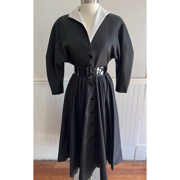 Victor Costa Dresses & Skirts - Victor Costa 80s Does 50s Collared Dress Full Skirt Tea Length Blk & White 8
